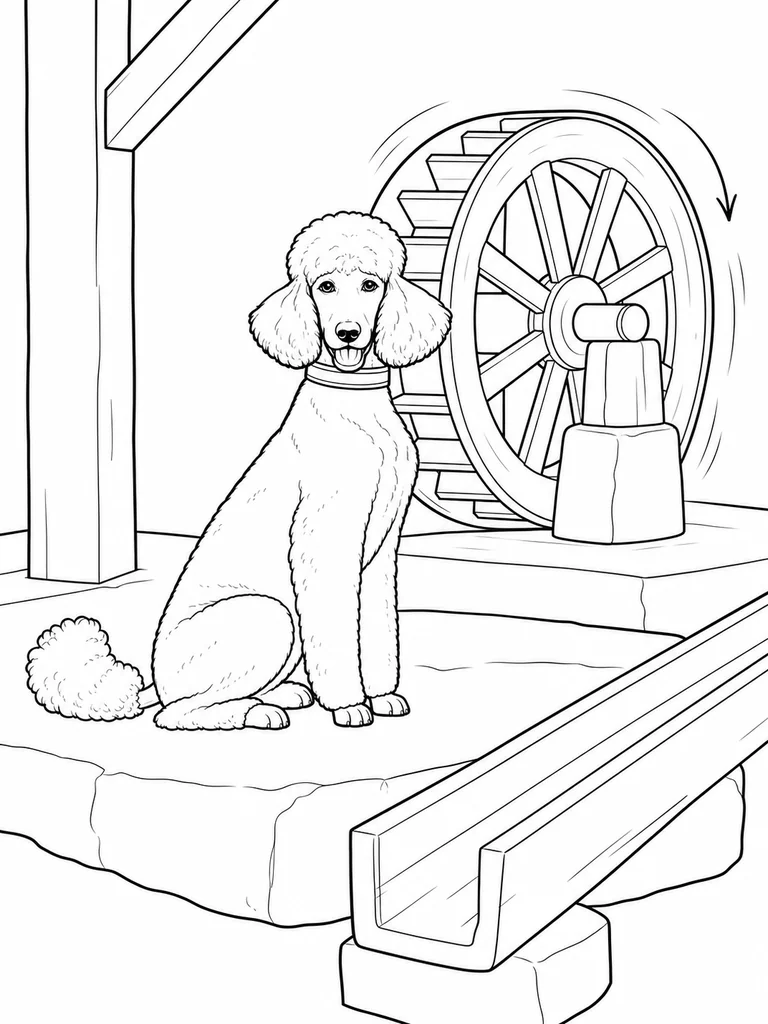 Seated on a stone platform, a Poodle looks forward beside a large wooden waterwheel and dry channel.