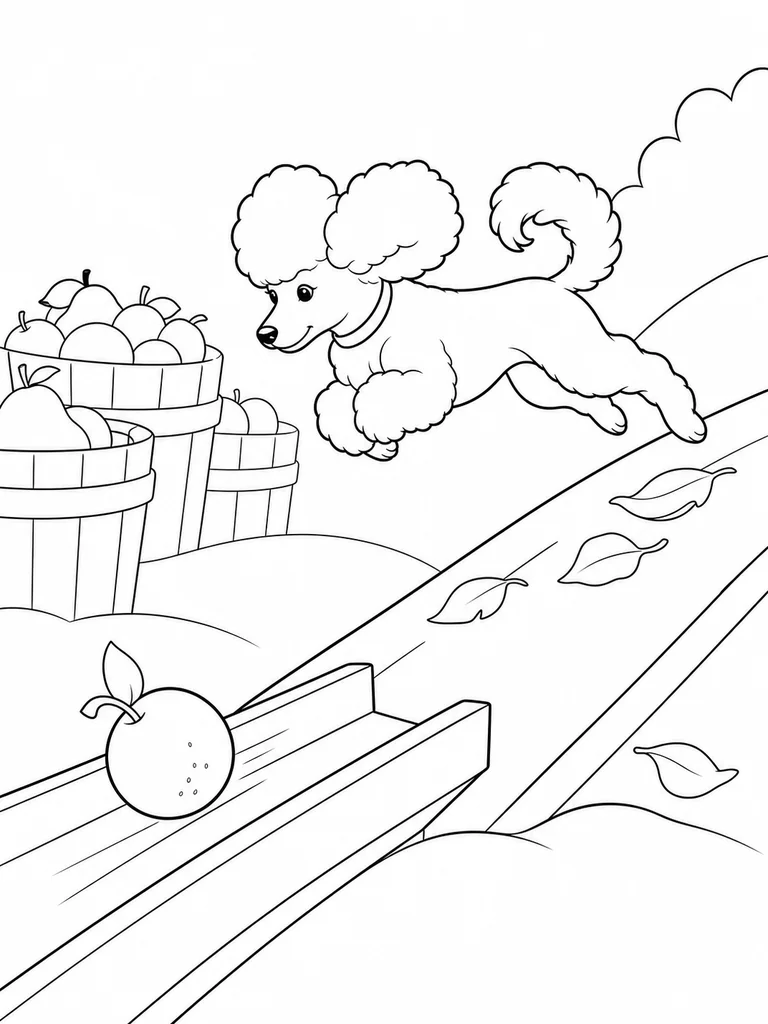 Across an orchard sorting ramp, a Poodle leaps toward a pear beside stacked fruit baskets.