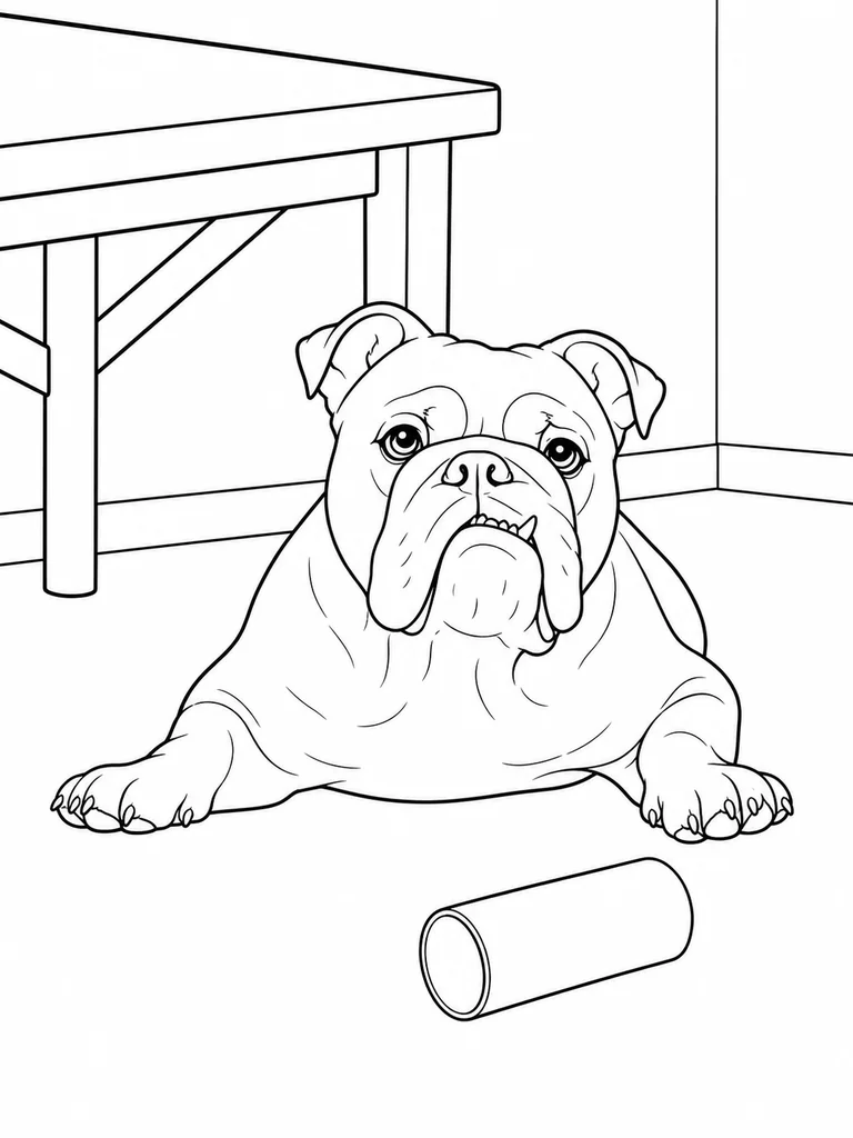 This coloring page features an English Bulldog lying beneath a packing table near a cardboard tube.