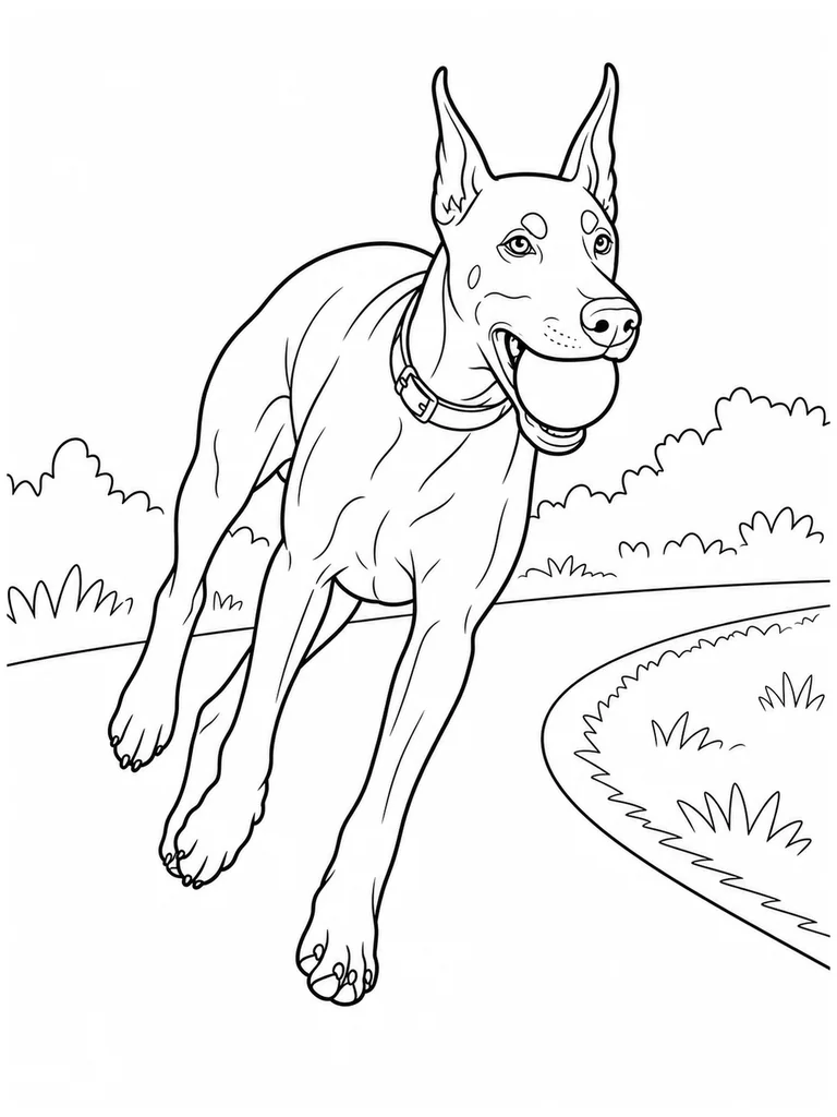 A Doberman Pinscher runs along a curved park path while carrying a ball.