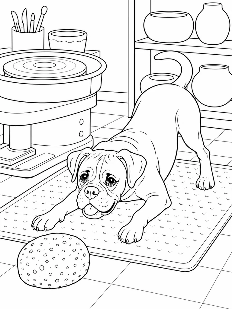 In a pottery studio, a Boxer Dog crouches in a playful bow near a sponge, pottery wheel, and shelves of pots.