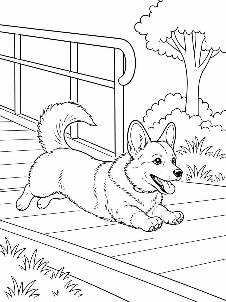 Playful Corgi runs along a simple boardwalk ramp with a rail behind it.
