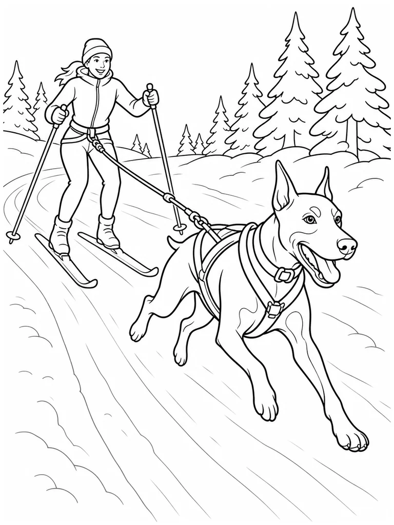 A playful Doberman races along a snowy trail while pulling a skier through simple pine trees.