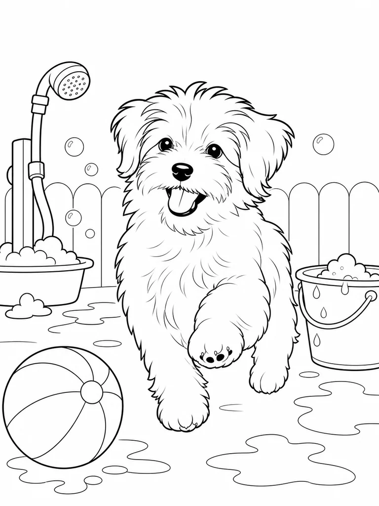Running across the yard, a Maltese heads toward a large ball near a rinse bucket.