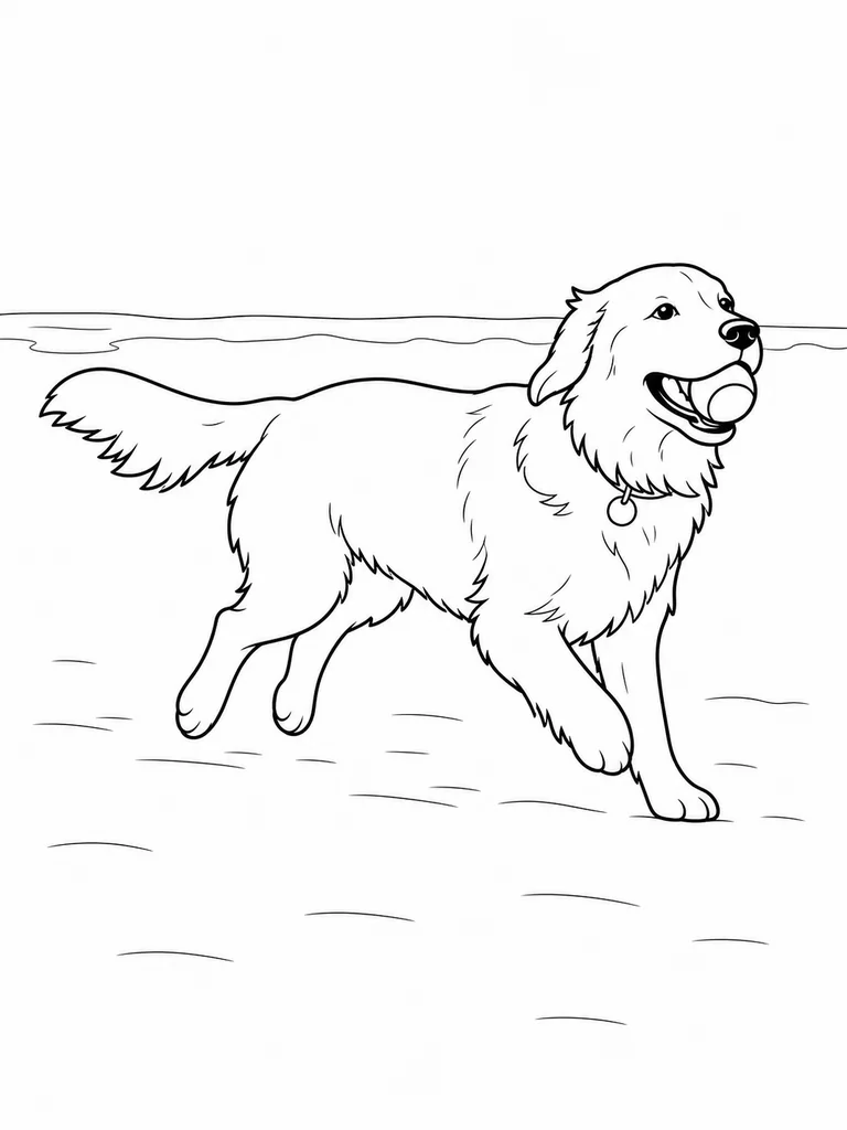 Playful Retriever art shows a beach run with a ball and a quiet wave line.