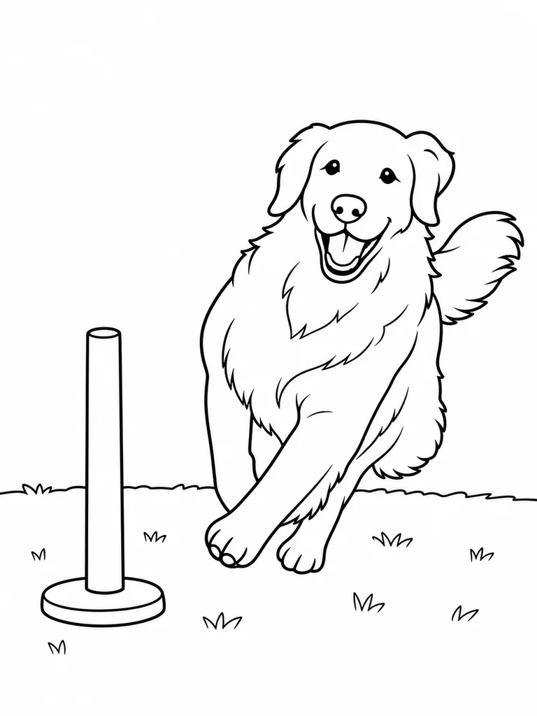 A Playful Retriever curves around a single low training post on a grassy practice area.