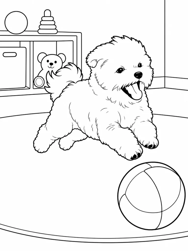 A Maltese Dog jumps toward a large soft ball in a simple playroom.