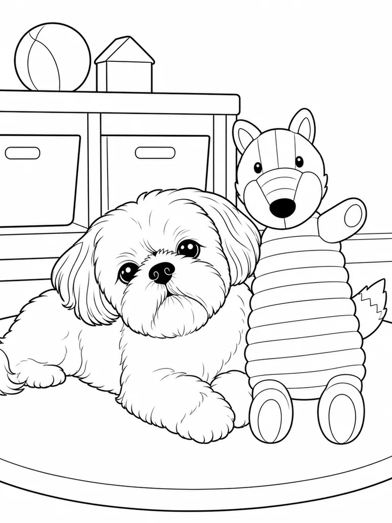A Little Shih Tzu rests on a playroom rug next to a tall plush toy and storage shelf.