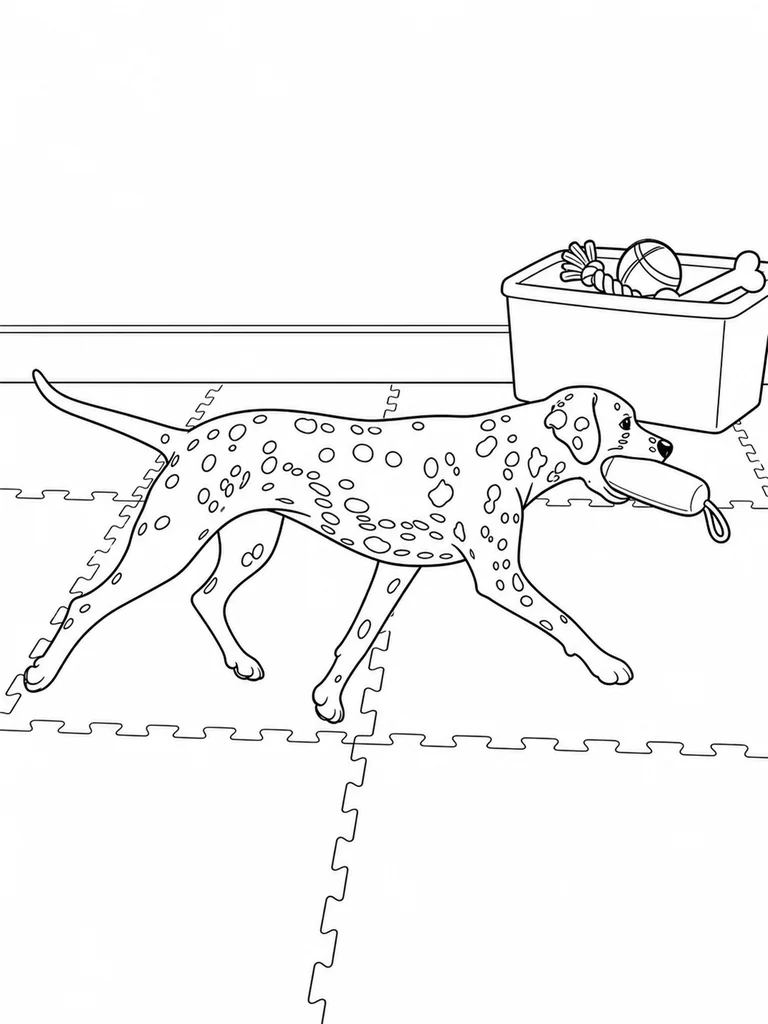 A Dalmatian Dog carries a soft fetch toy across a playroom floor toward toy bins.