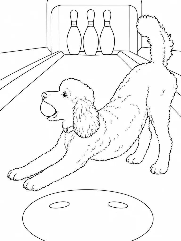 At the start of a miniature bowling lane, a Poodle holds a ball while bowing toward three pins.