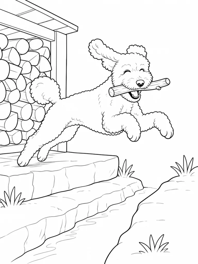 This coloring sheet shows a Poodle carrying a short branch across a narrow channel beside a stacked woodshed.