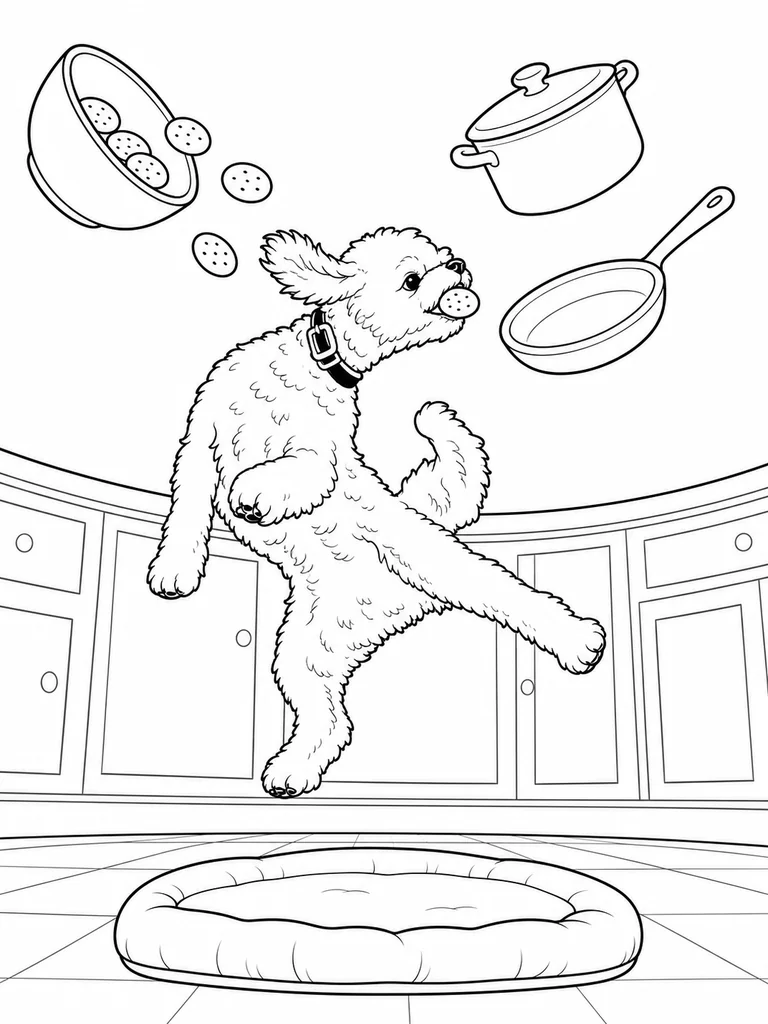 In a gravity-defying kitchen, a Poodle twists through the air to catch a cookie among floating cookware.