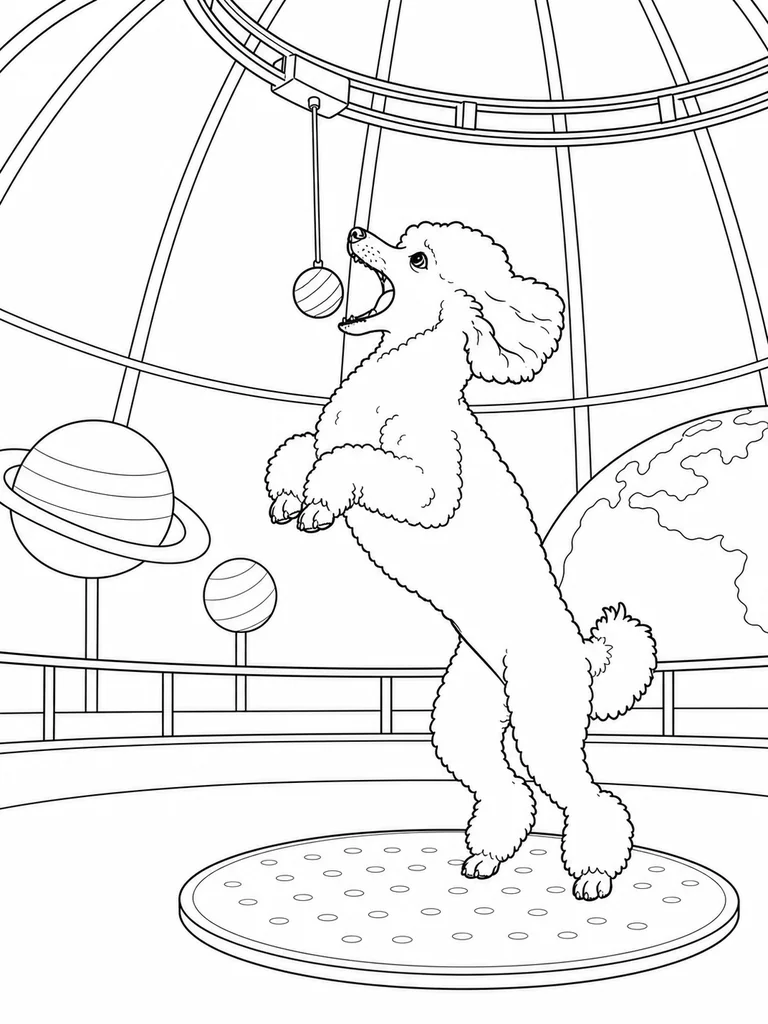 Standing upright on a round mat, a Poodle reaches for a hanging planet model beneath a domed display.