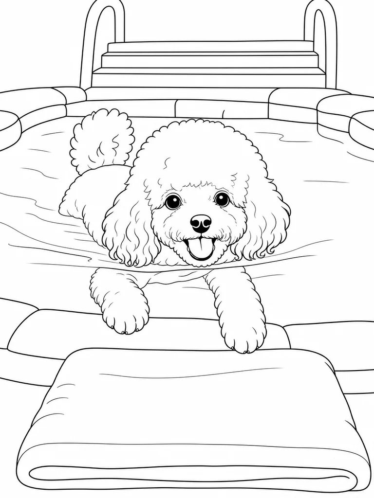 This coloring sheet features a Poodle resting its front paws on a padded pool edge while climbing toward a folded spa towel.