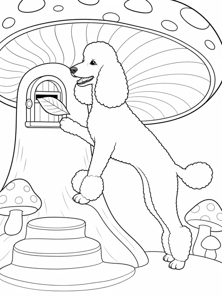 A Poodle stands on its hind legs to reach the mail slot in a giant mushroom post office.