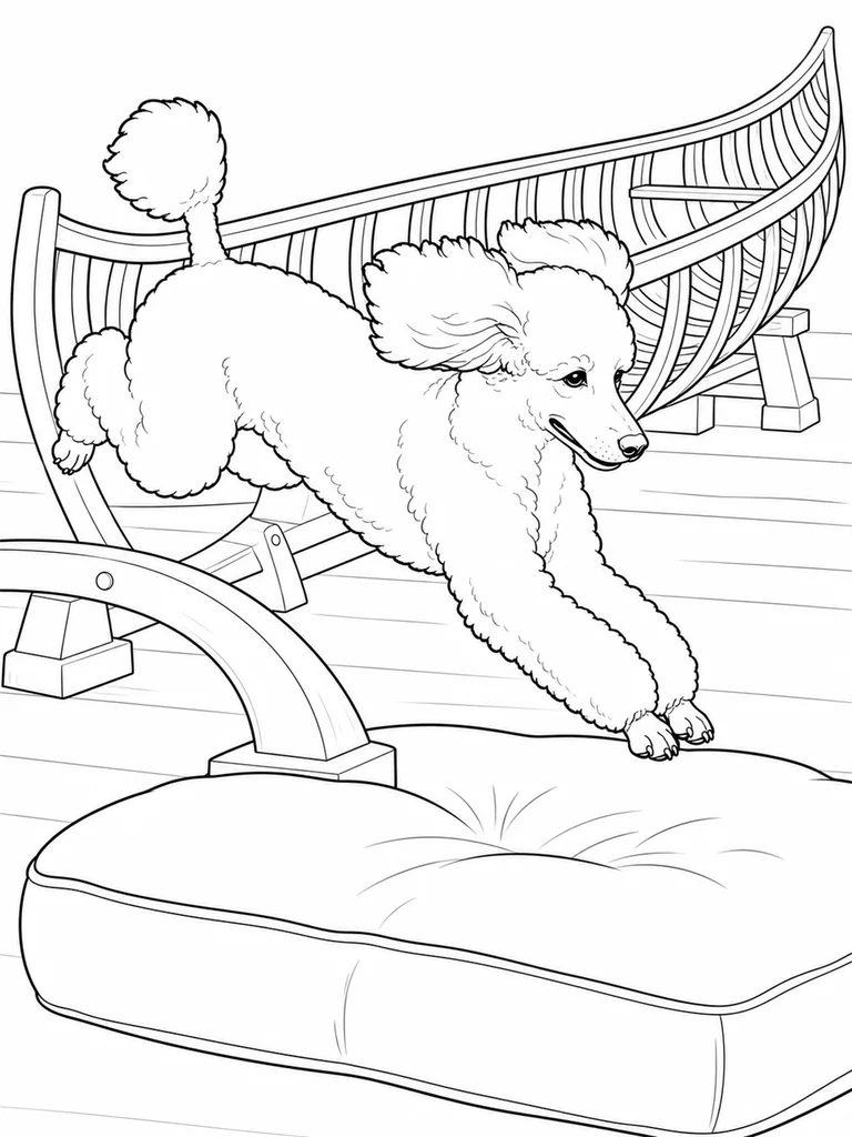 A Poodle jumps over a curved canoe rib toward a large landing cushion in a boat workshop.