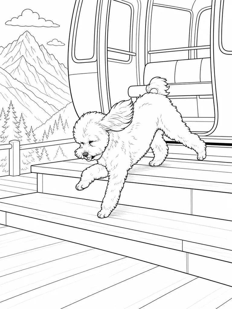 A Poodle puppy carefully reaches down the wide steps of an open cable car at a mountain station.