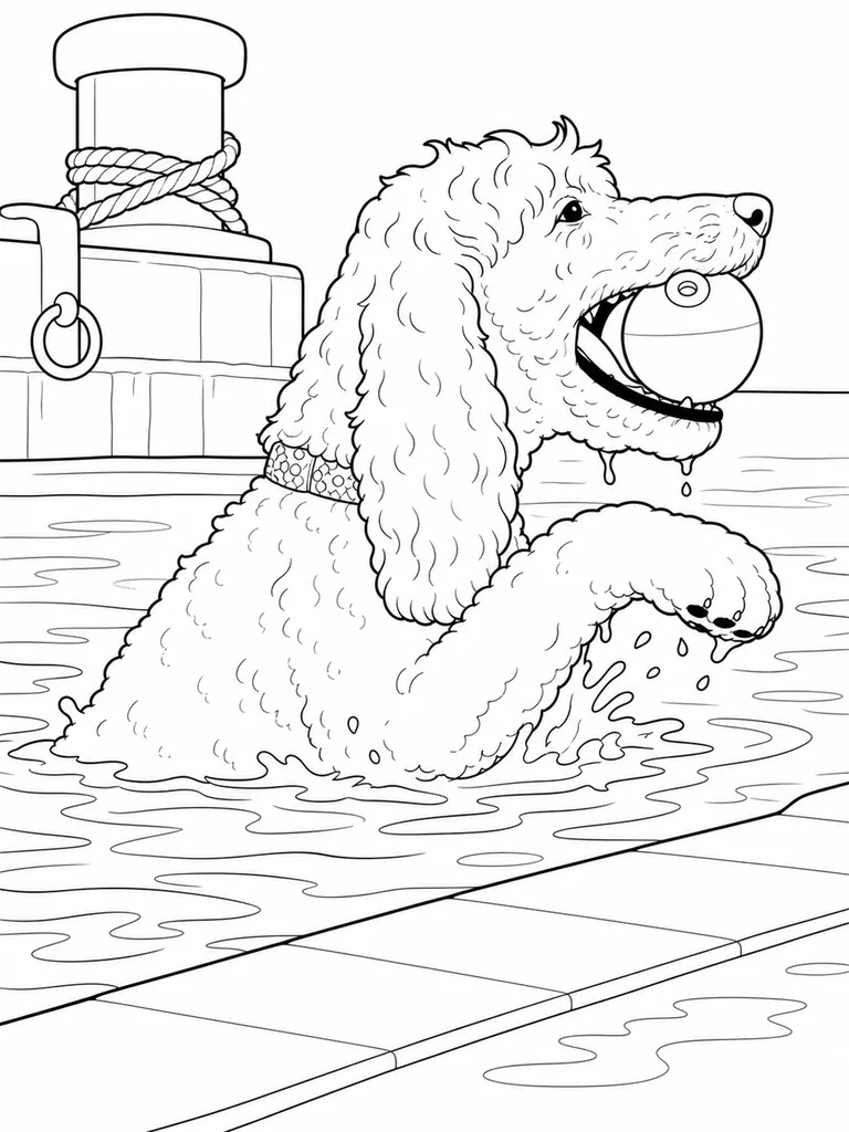 Holding a round harbor float in its mouth, a Poodle paddles beside a recovery ramp and mooring post.