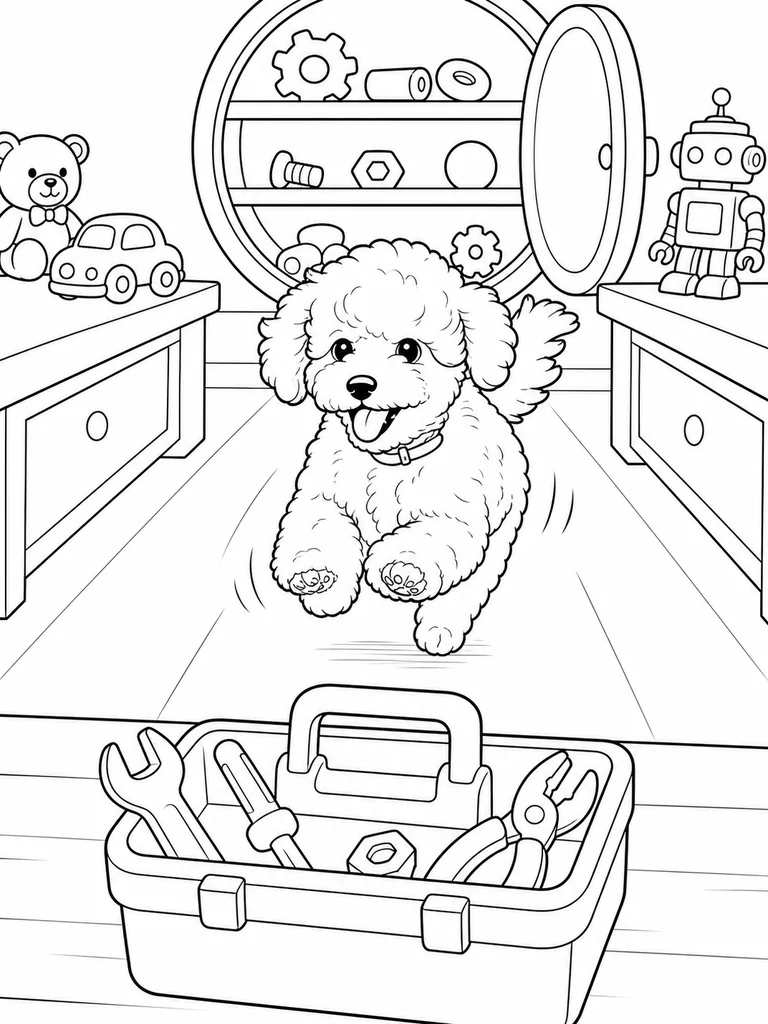 A cheerful Poodle runs down a workshop aisle toward an open toolbox, with toys and parts on the benches.