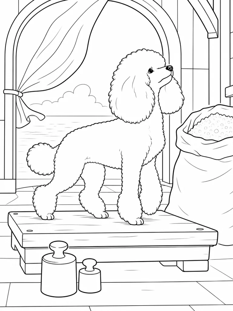 Inside an open salt warehouse, a Poodle stands on a platform scale and sniffs toward a large sack.
