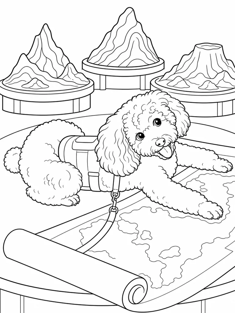 Beside raised terrain models, a Poodle lies across an unmarked map with a small pack and leash.