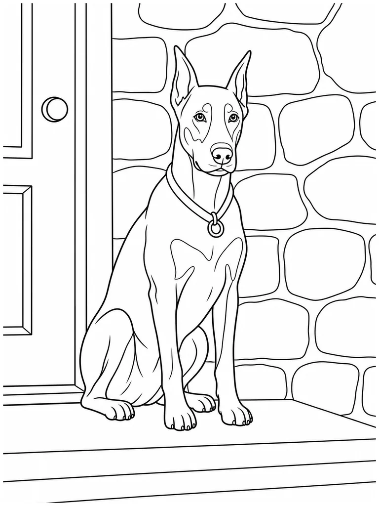 A Doberman sits by a porch door against a wall of large simple stones.