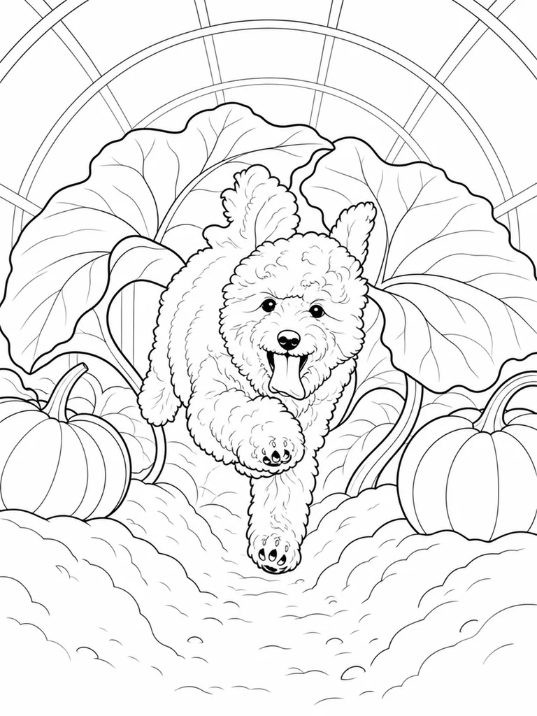 Under broad pumpkin leaves, a Poodle puppy runs toward the viewer between several large pumpkins.