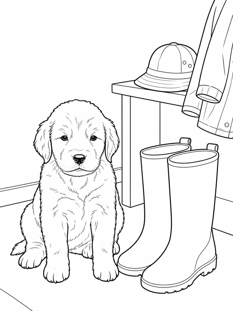 Sitting beside a pair of tall rain boots, the Golden Retriever waits in a simple utility area.