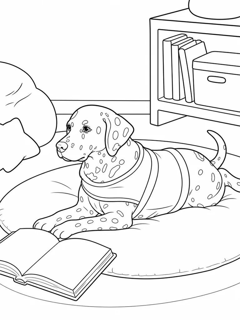 A Dalmatian Dog rests on a reading mat near an open book and shelf.