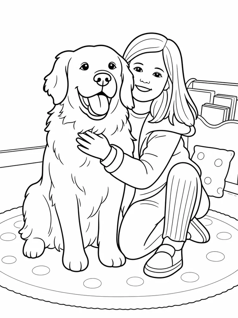 A child hugs a smiling Golden Retriever in a cozy reading corner.
