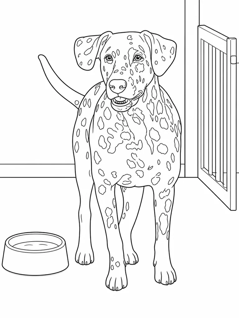 A Dalmatian stands near a water bowl and open room gate in a rescue room.