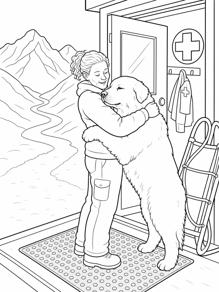 Outside a mountain aid station, a Great Pyrenees rises onto its hind legs to hug a rescuer.