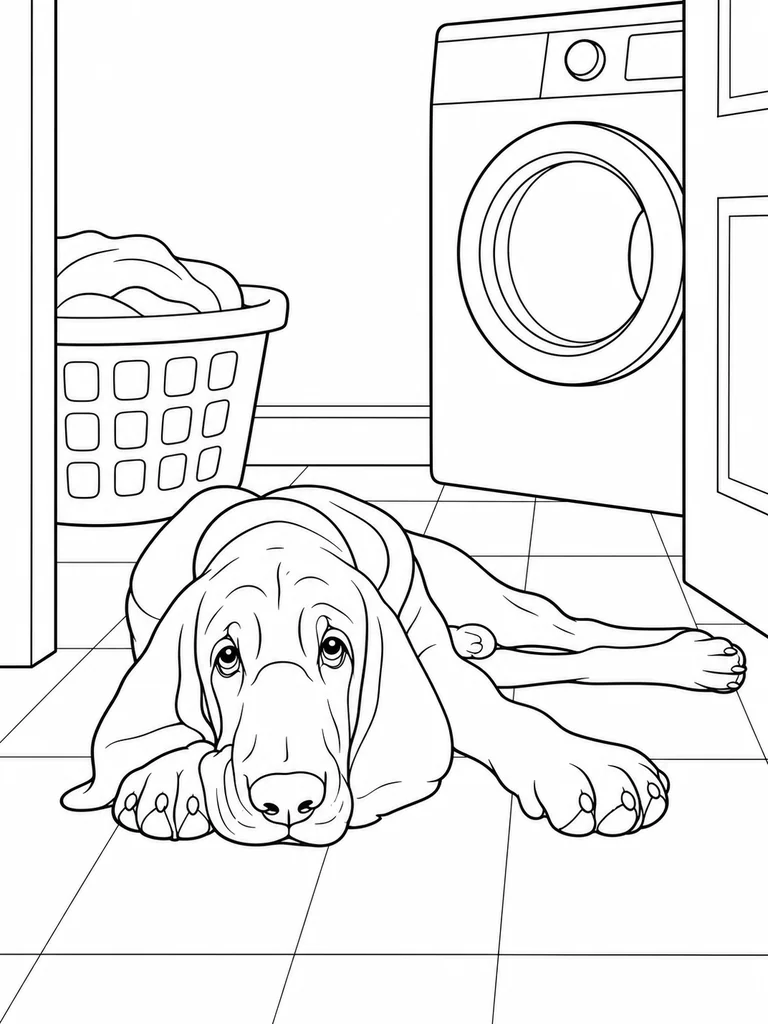 Laundry room tiles support a resting Bloodhound near a basket and washing machine.
