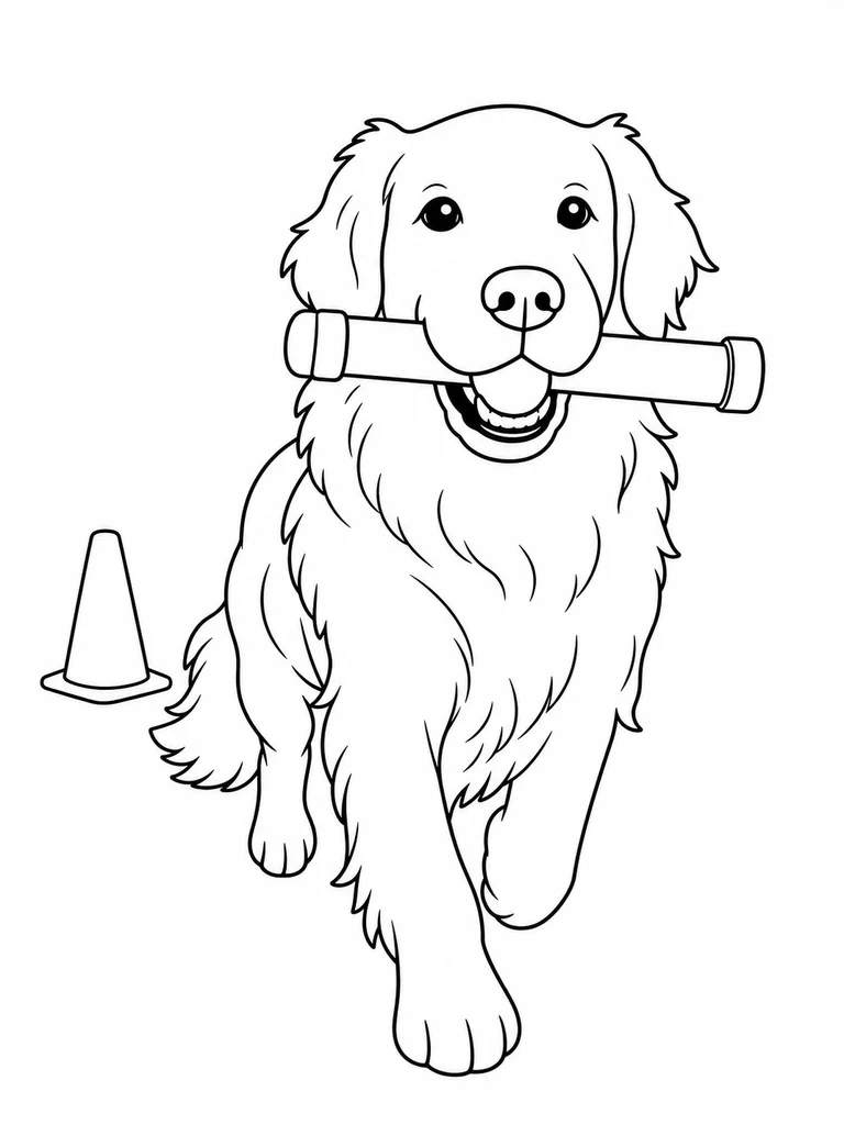A happy Golden Retriever trots forward holding a training bar beside a simple cone.