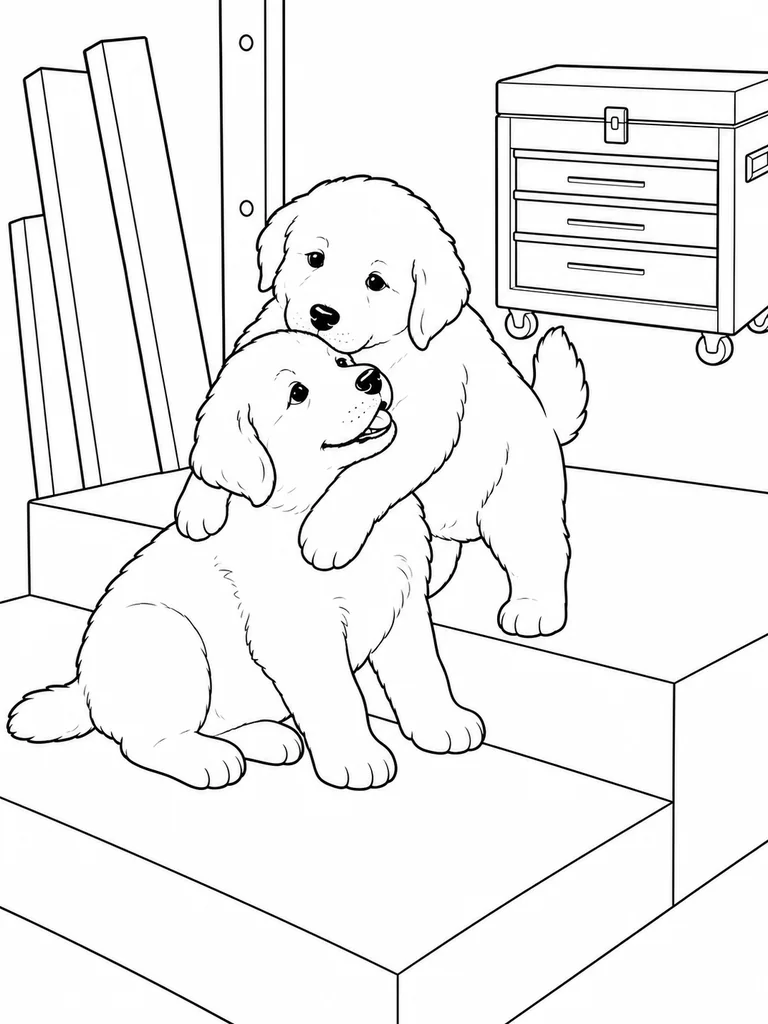 On wide workshop steps, two Retriever Puppies play while a tool chest stands behind them.