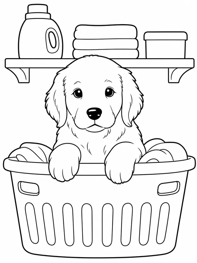 A Retriever Puppy rests its paws on a laundry basket below a shelf of towels.