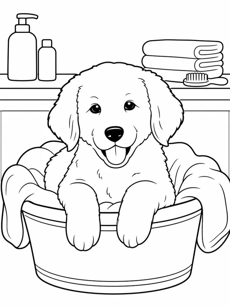 A Retriever Puppy smiles from a grooming towel basket below clean shelf items.