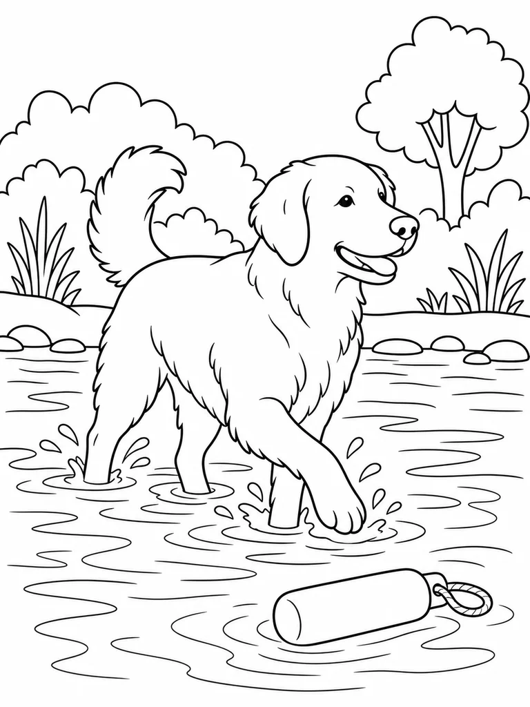 A Retriever walks through shallow river water near a floating training dummy.