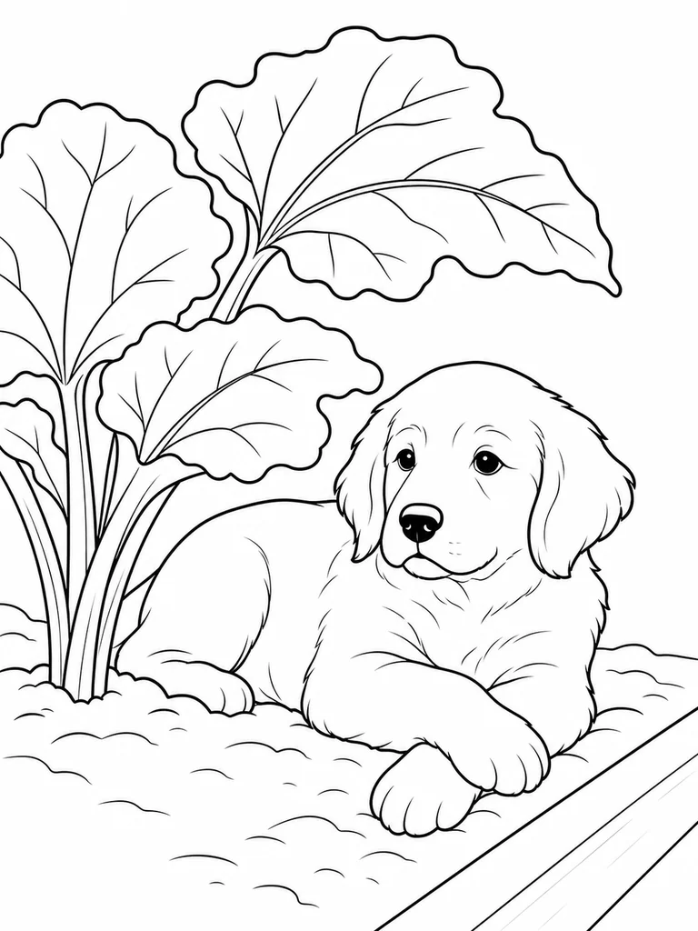 Beneath broad rhubarb leaves, the Golden Retriever rests with crossed front paws.