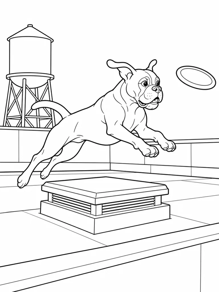 Chasing a flying disc, a Boxer Dog leaps over a low roof vent with a water tower in the background.