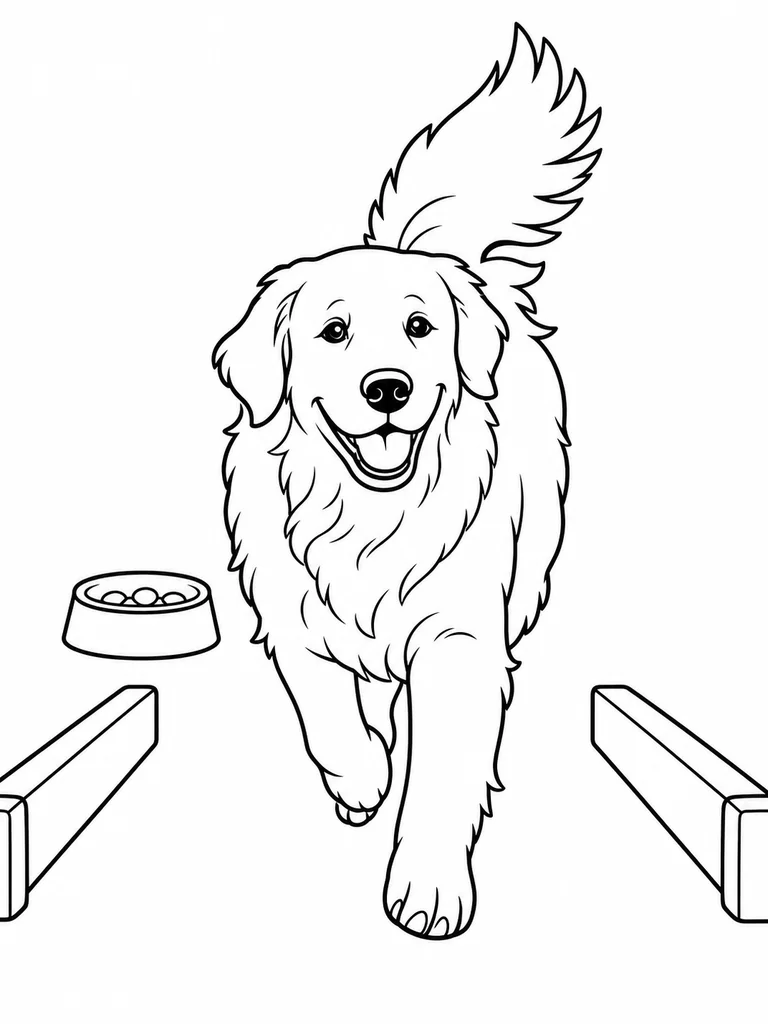 This Retriever coloring page shows a smiling pup running down a training lane.