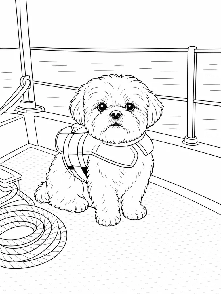 A Shih Tzu stands on a sailboat deck in a life jacket beside a coiled rope.