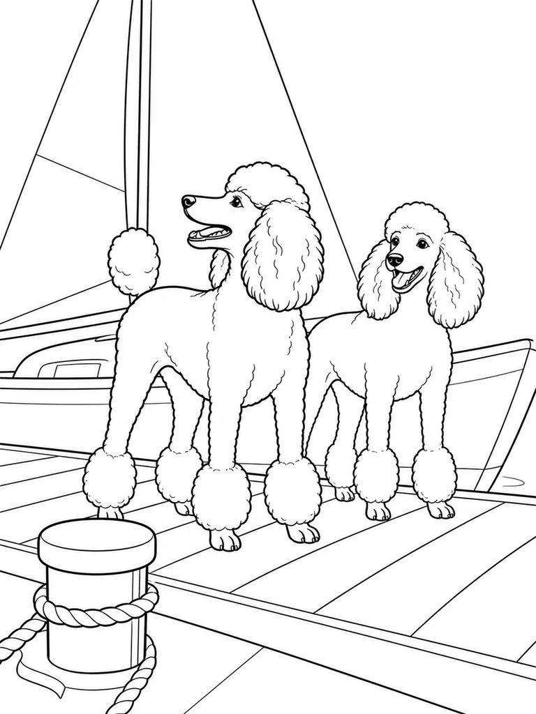 Two Poodles stand together on a sailboat dock beneath a large triangular sail.