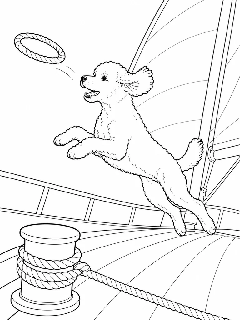 This printable coloring page shows a Poodle leaping toward a rope ring on a sailboat deck near a coiled mooring line.
