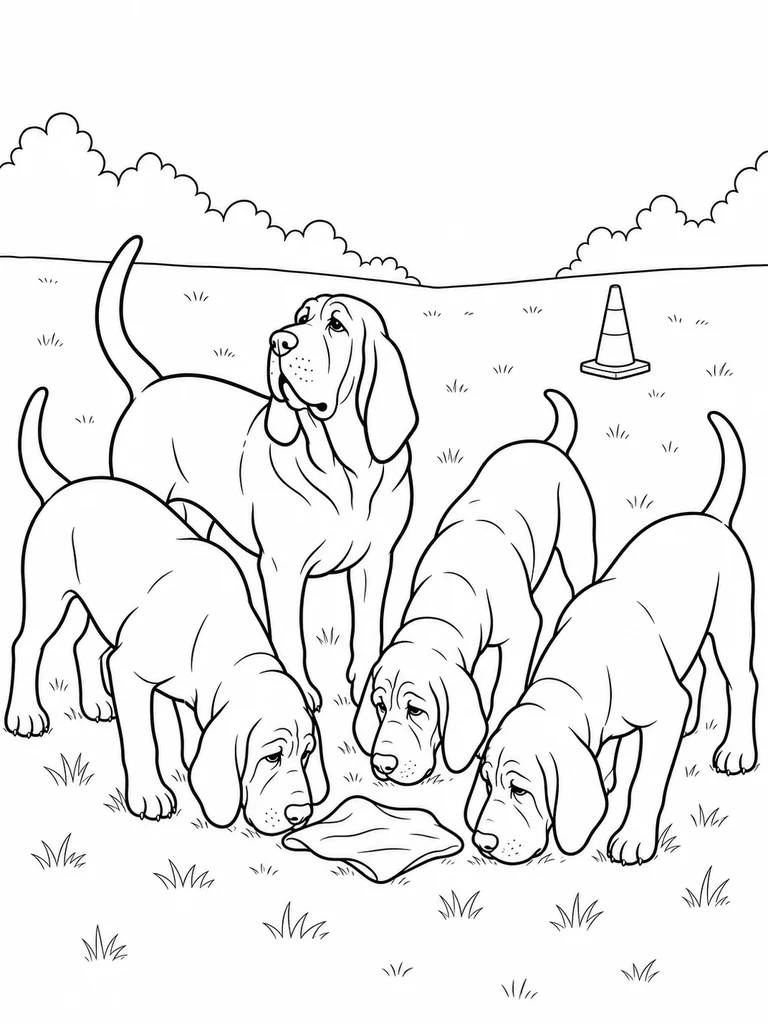Several Scent Hounds gather around a training cloth while one raises its head.