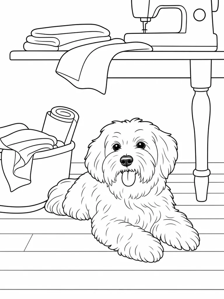 A Maltese Puppy lies on the floor near a fabric bin and sewing table.