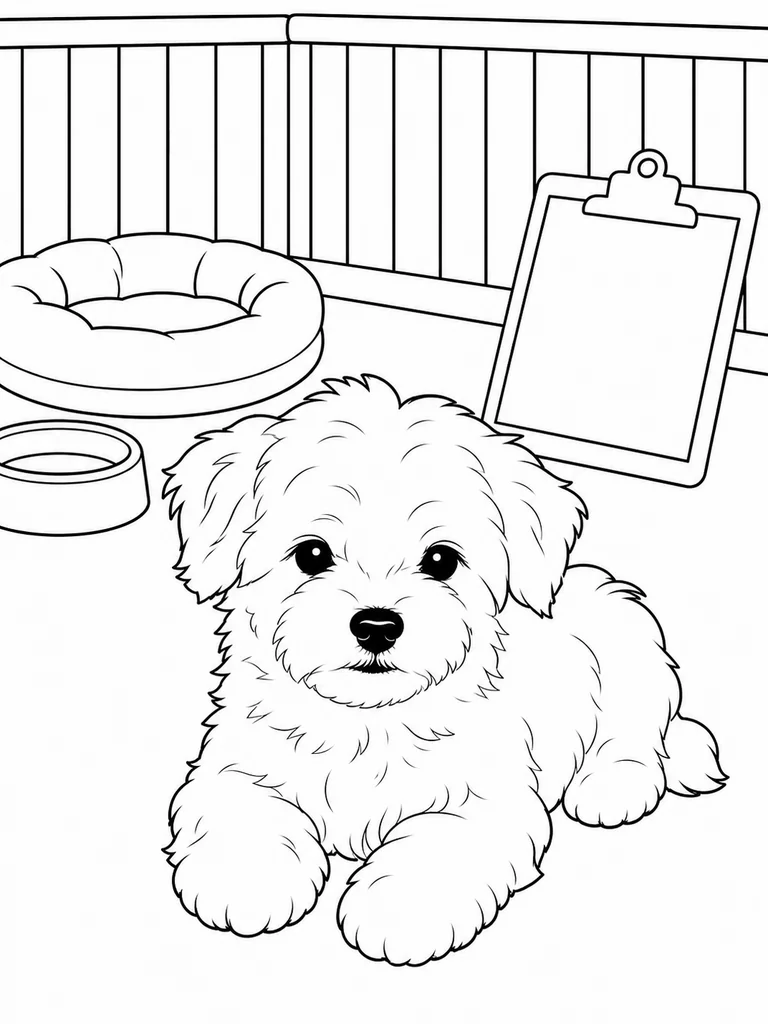 This Maltese Puppy coloring page shows a small dog resting near a blank clipboard and pen edge.