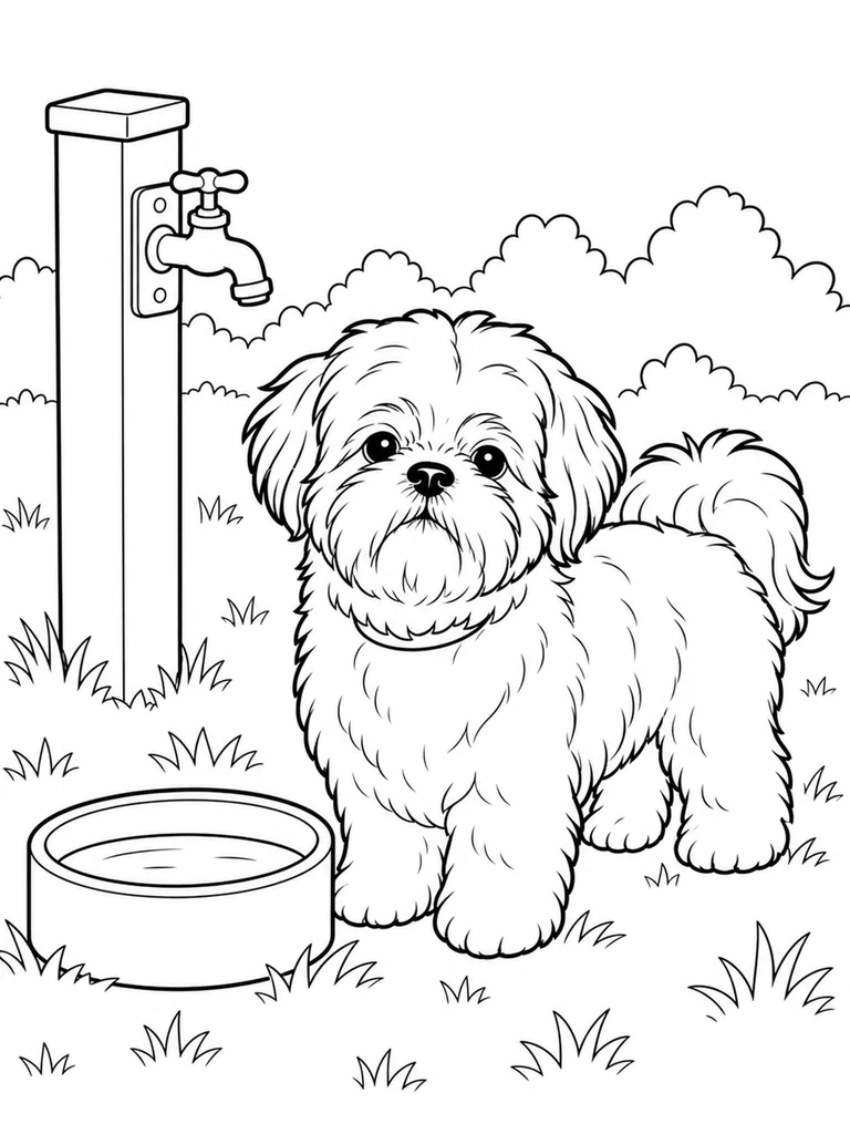 Near a faucet post, a Shih Tzu stands on the grass beside a round water bowl.