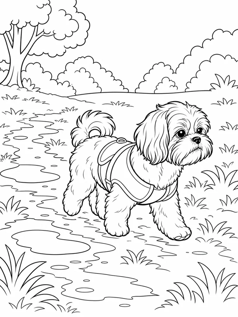 Along a wet park path, a Shih Tzu Dog wears a harness while stepping through puddles.