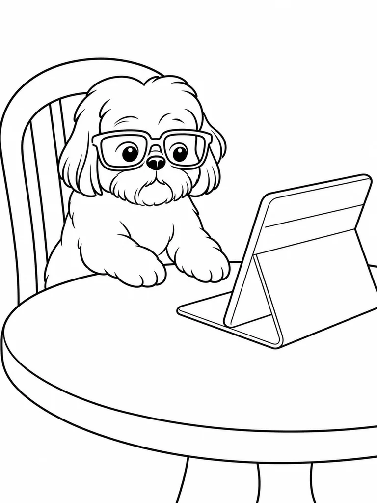 At a round table, a Shih Tzu studies a tablet propped in front of its paws.